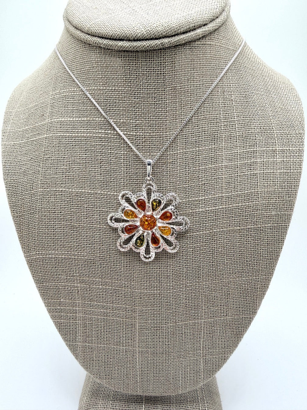 Sterling Silver & Genuine Baltic Amber Organic Pendant Necklace / Turquoise