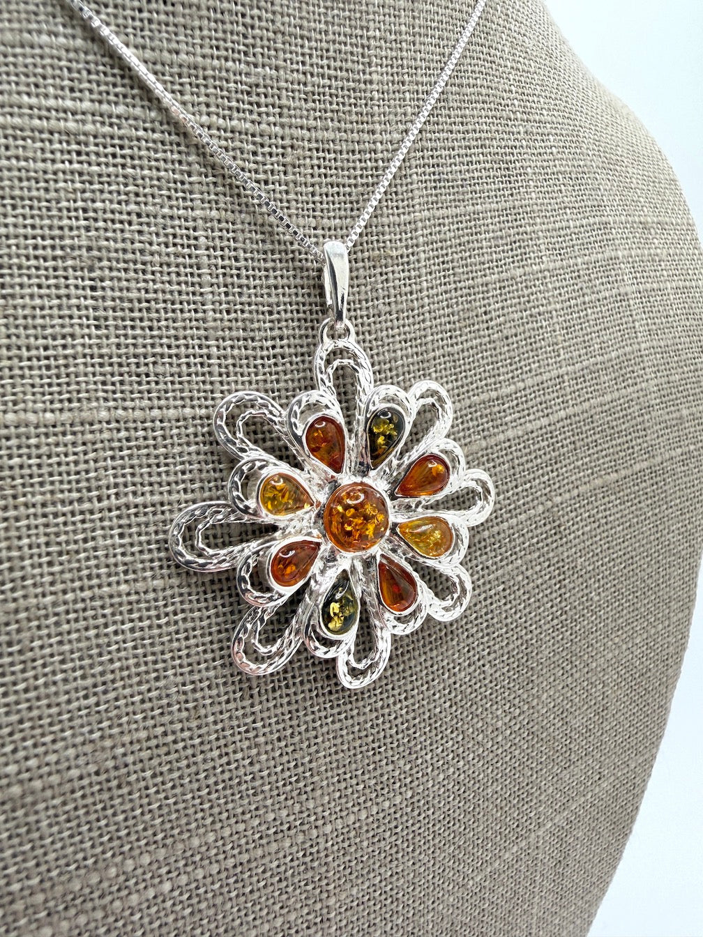 Sterling Silver & Genuine Baltic Amber Organic Pendant Necklace / Turquoise