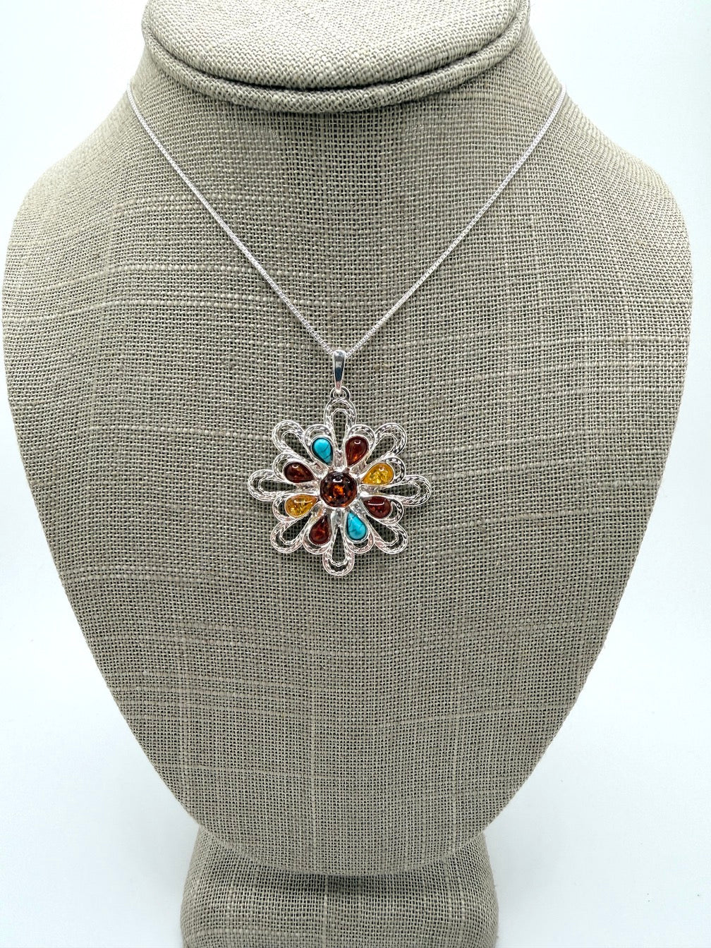 Sterling Silver & Genuine Baltic Amber Organic Pendant Necklace / Turquoise