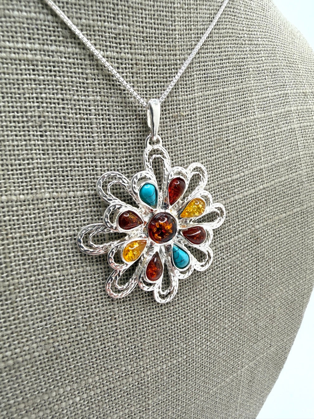 Sterling Silver & Genuine Baltic Amber Organic Pendant Necklace / Turquoise