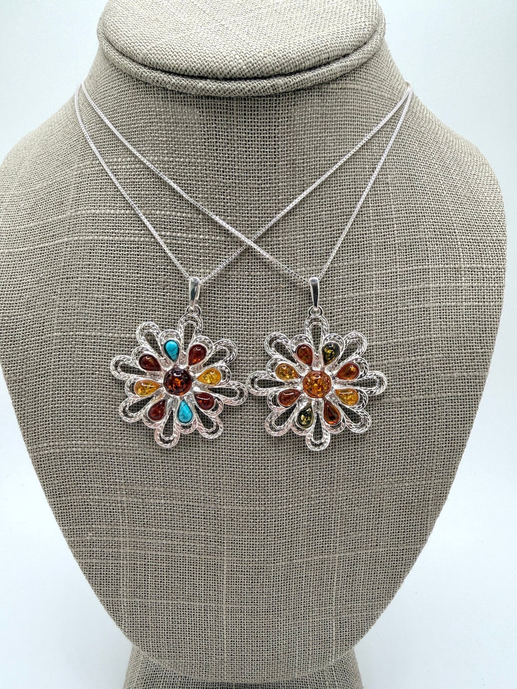 Sterling Silver & Genuine Baltic Amber Organic Pendant Necklace / Turquoise