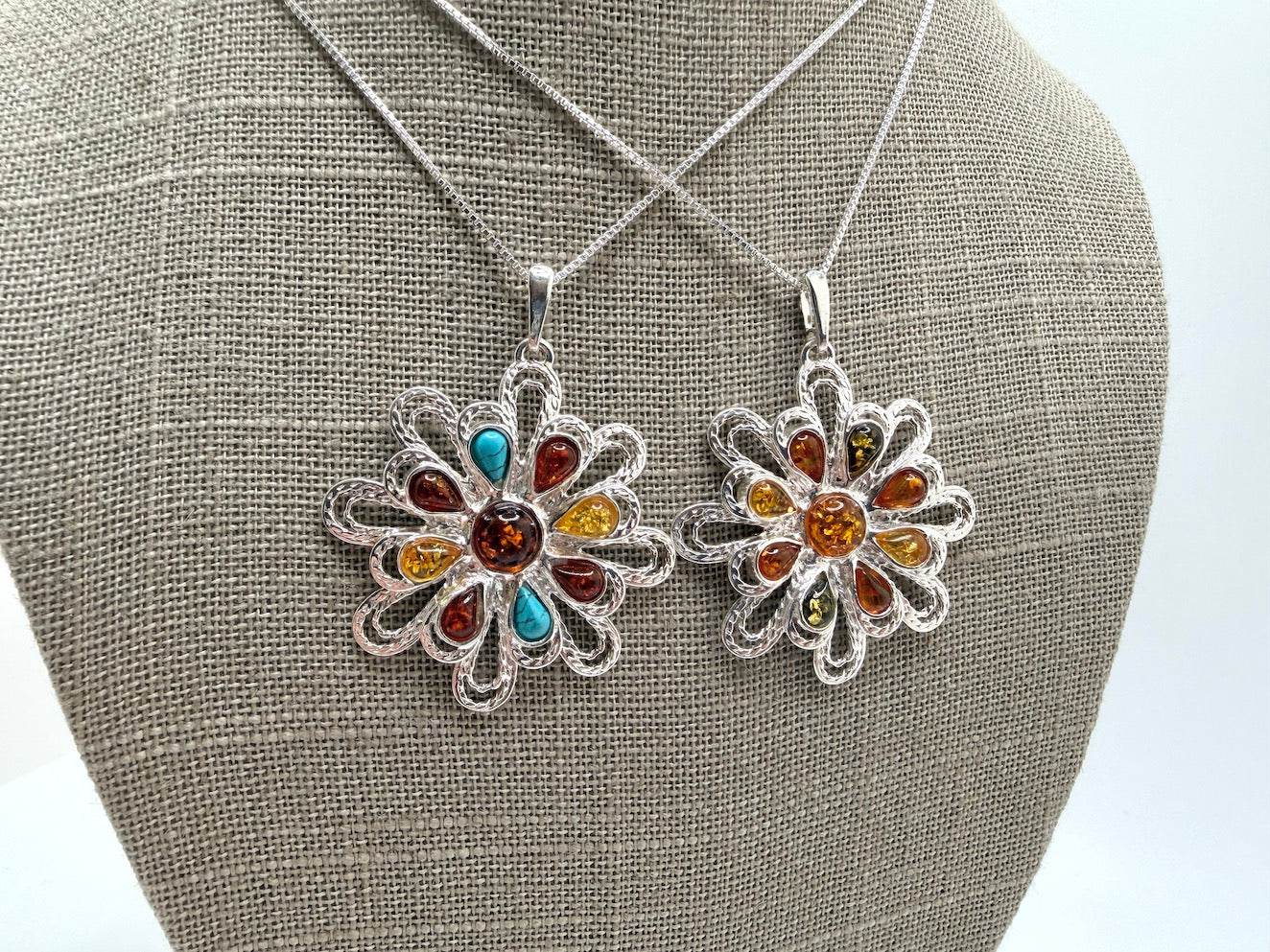 Sterling Silver & Genuine Baltic Amber Organic Pendant Necklace / Turquoise