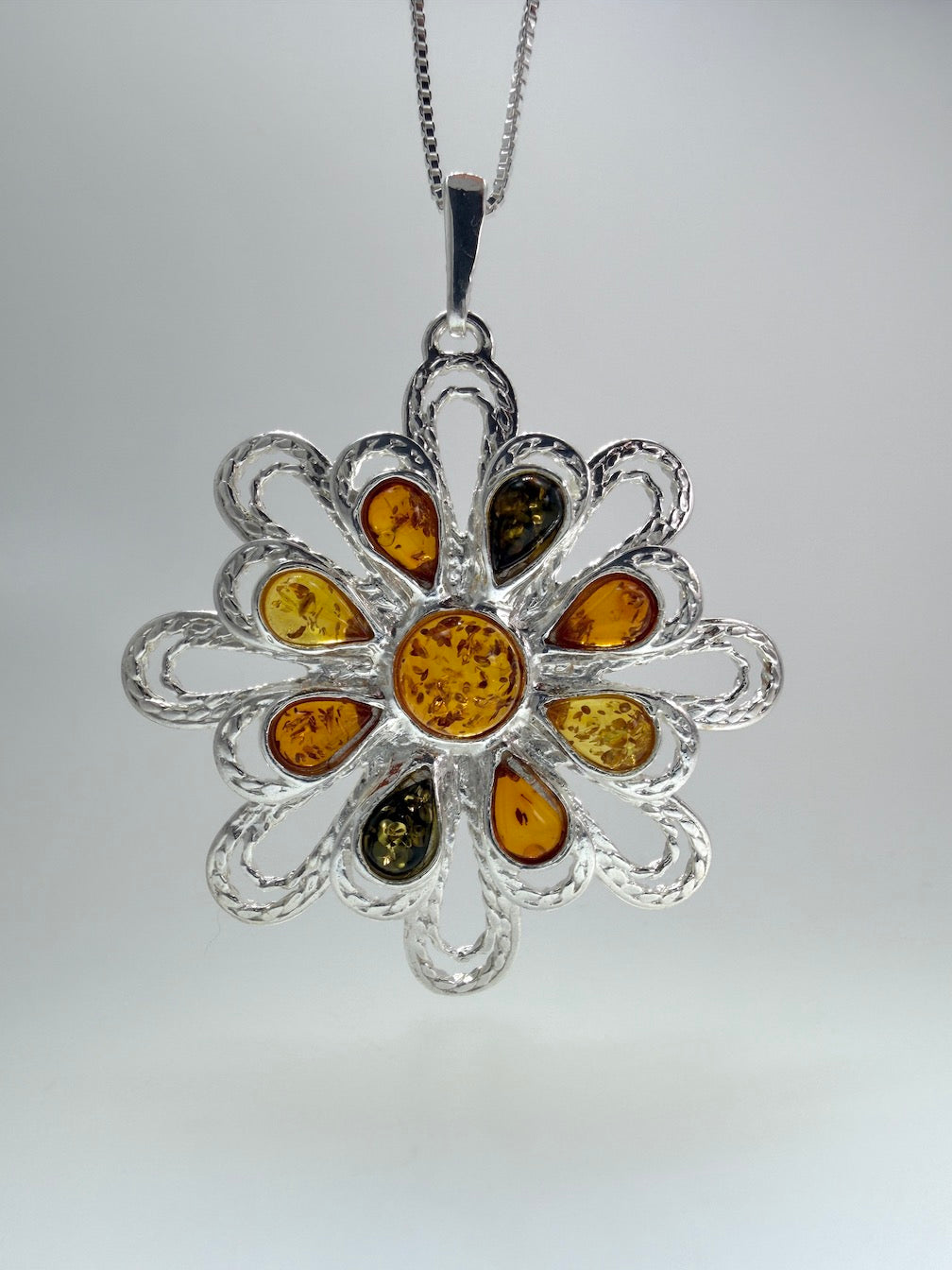 Sterling Silver & Genuine Baltic Amber Organic Pendant Necklace / Turquoise