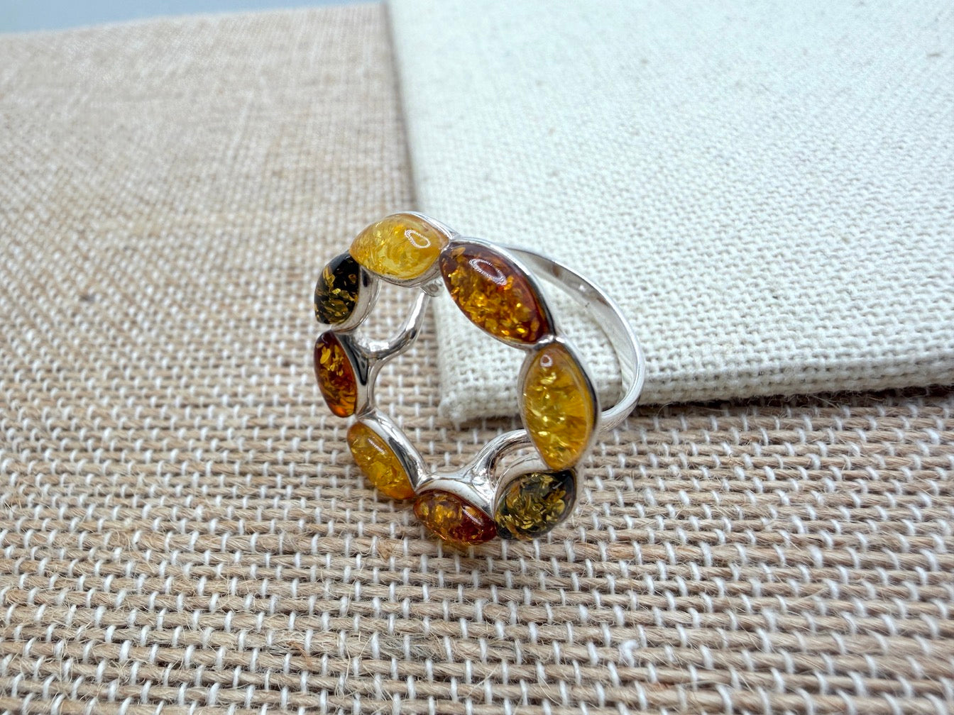 Sterling Silver & Genuine Baltic Amber Round Halo Floral Ring