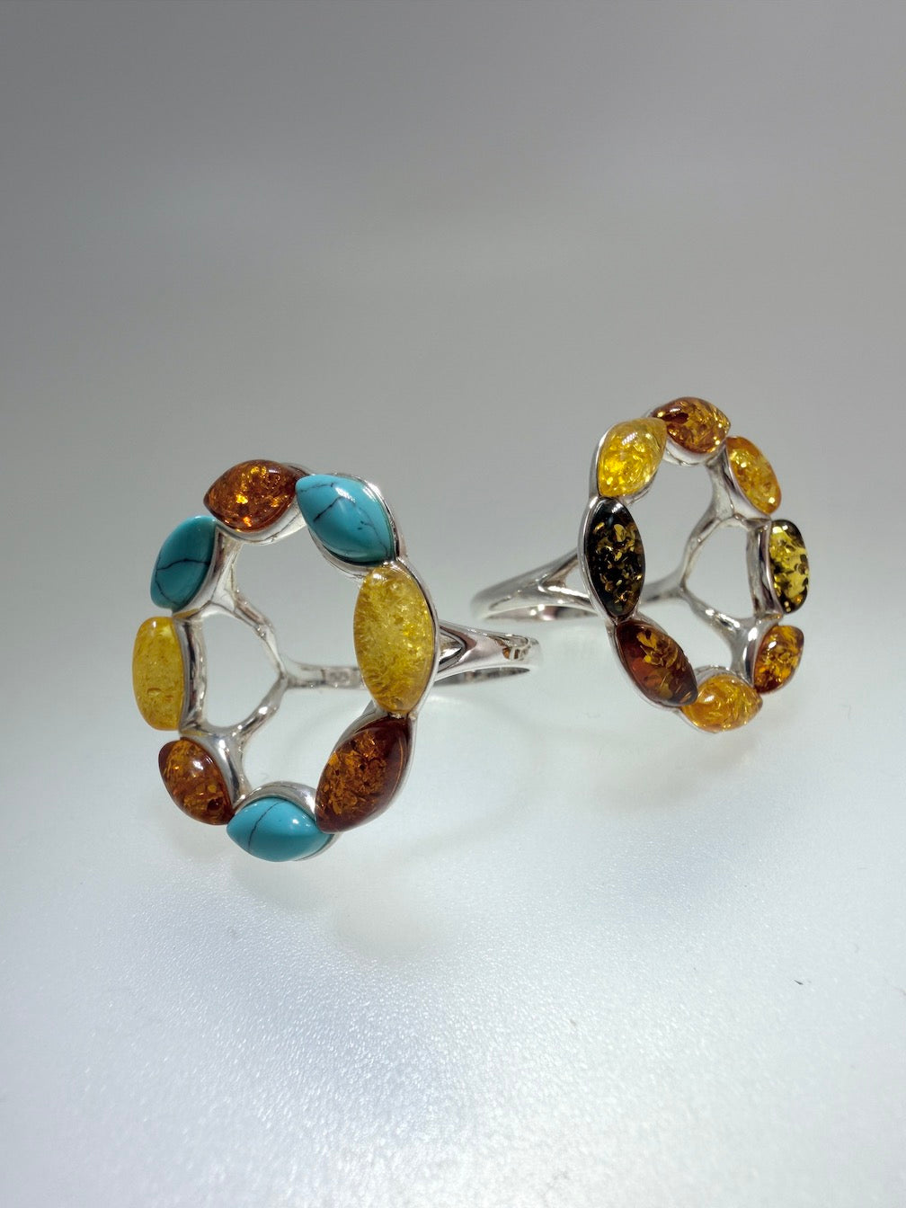 Sterling Silver & Genuine Baltic Amber Round Halo Floral Ring