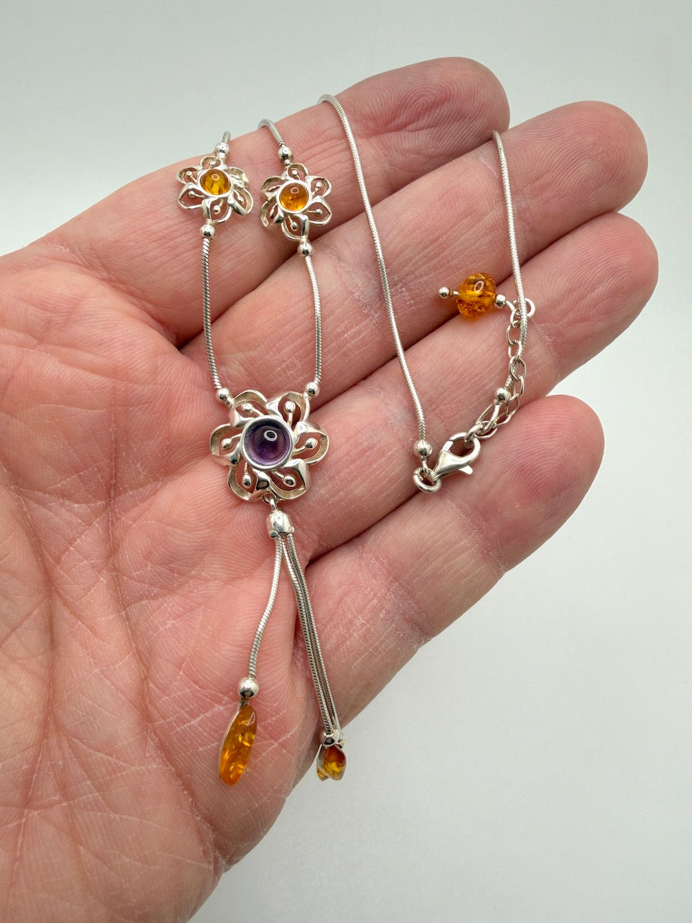 Sterling Silver, Genuine Baltic Amber & Amethyst Lariat Necklace