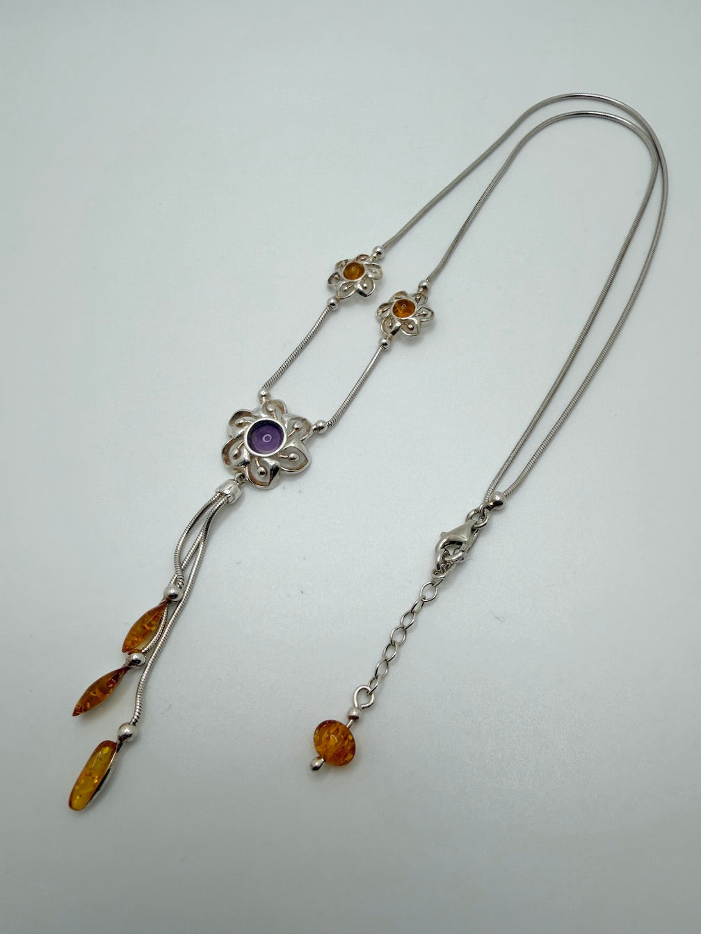 Sterling Silver, Genuine Baltic Amber & Amethyst Lariat Necklace