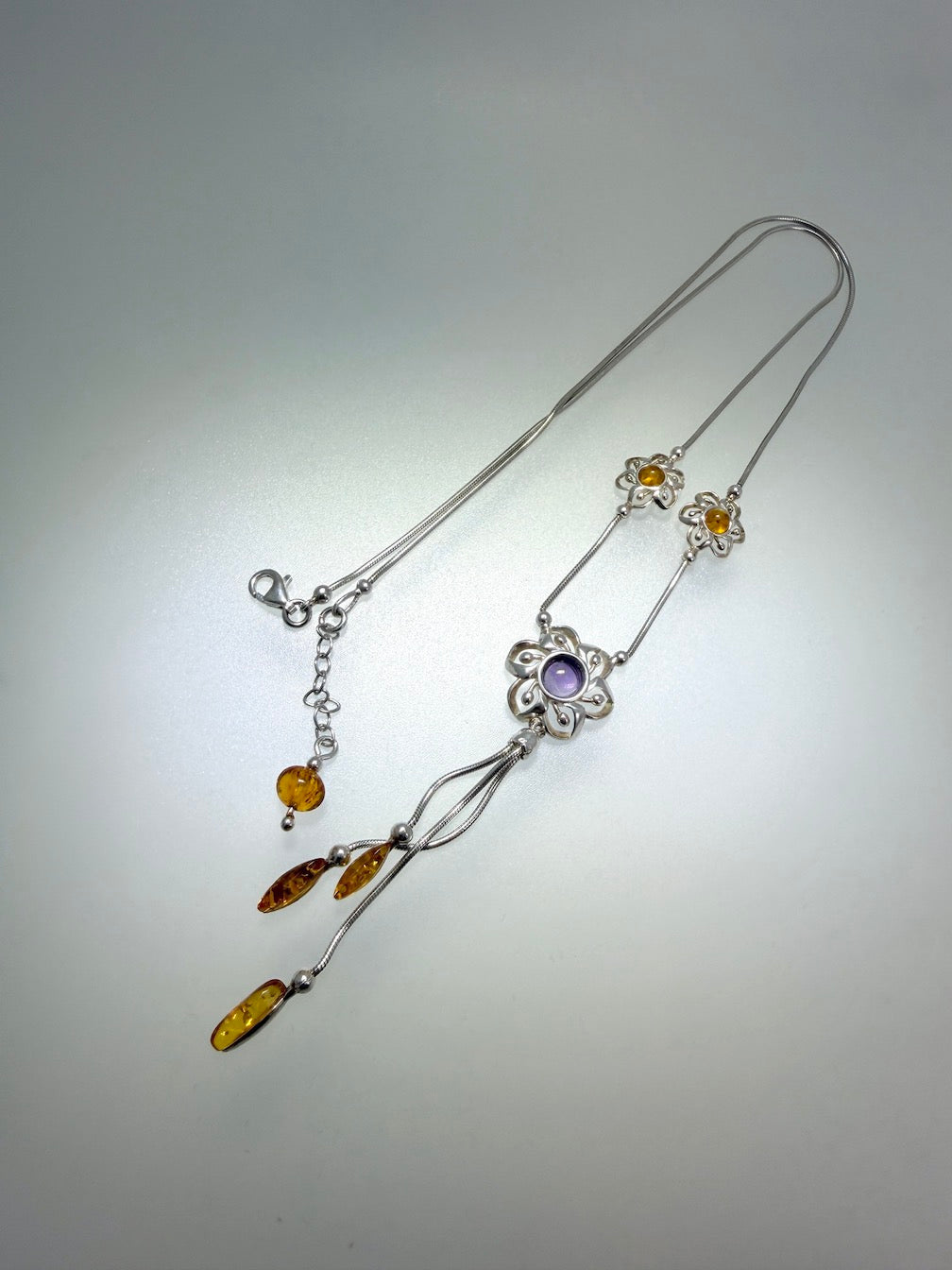 Sterling Silver, Genuine Baltic Amber & Amethyst Lariat Necklace