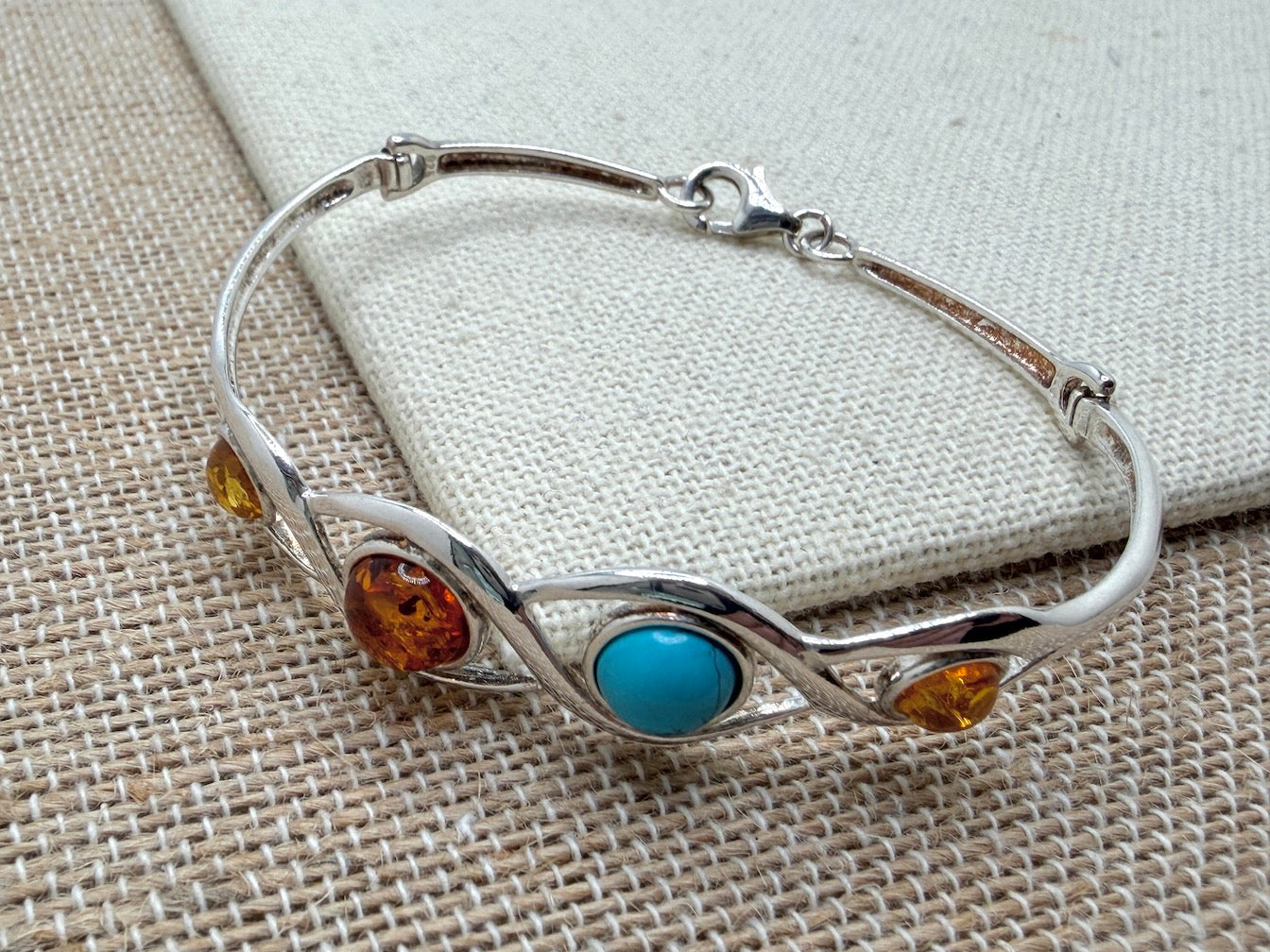 Sterling Silver, Genuine Baltic Amber & Turquoise Cuff Bracelet