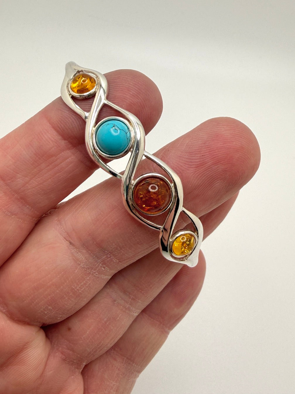 Sterling Silver, Genuine Baltic Amber & Turquoise Cuff Bracelet