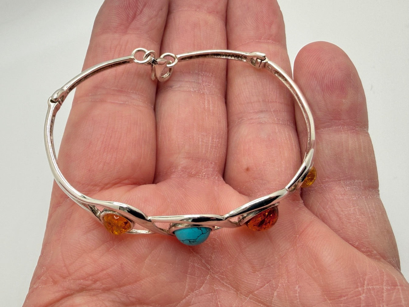 Sterling Silver, Genuine Baltic Amber & Turquoise Cuff Bracelet