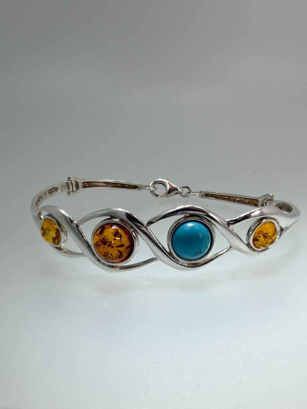 Sterling Silver, Genuine Baltic Amber & Turquoise Cuff Bracelet