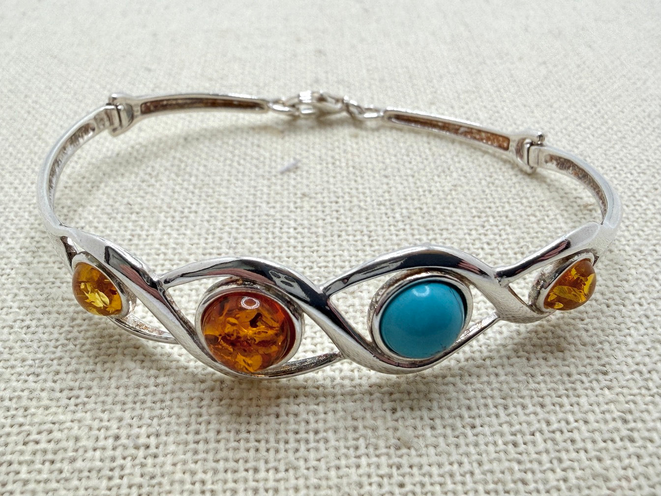Sterling Silver, Genuine Baltic Amber & Turquoise Cuff Bracelet