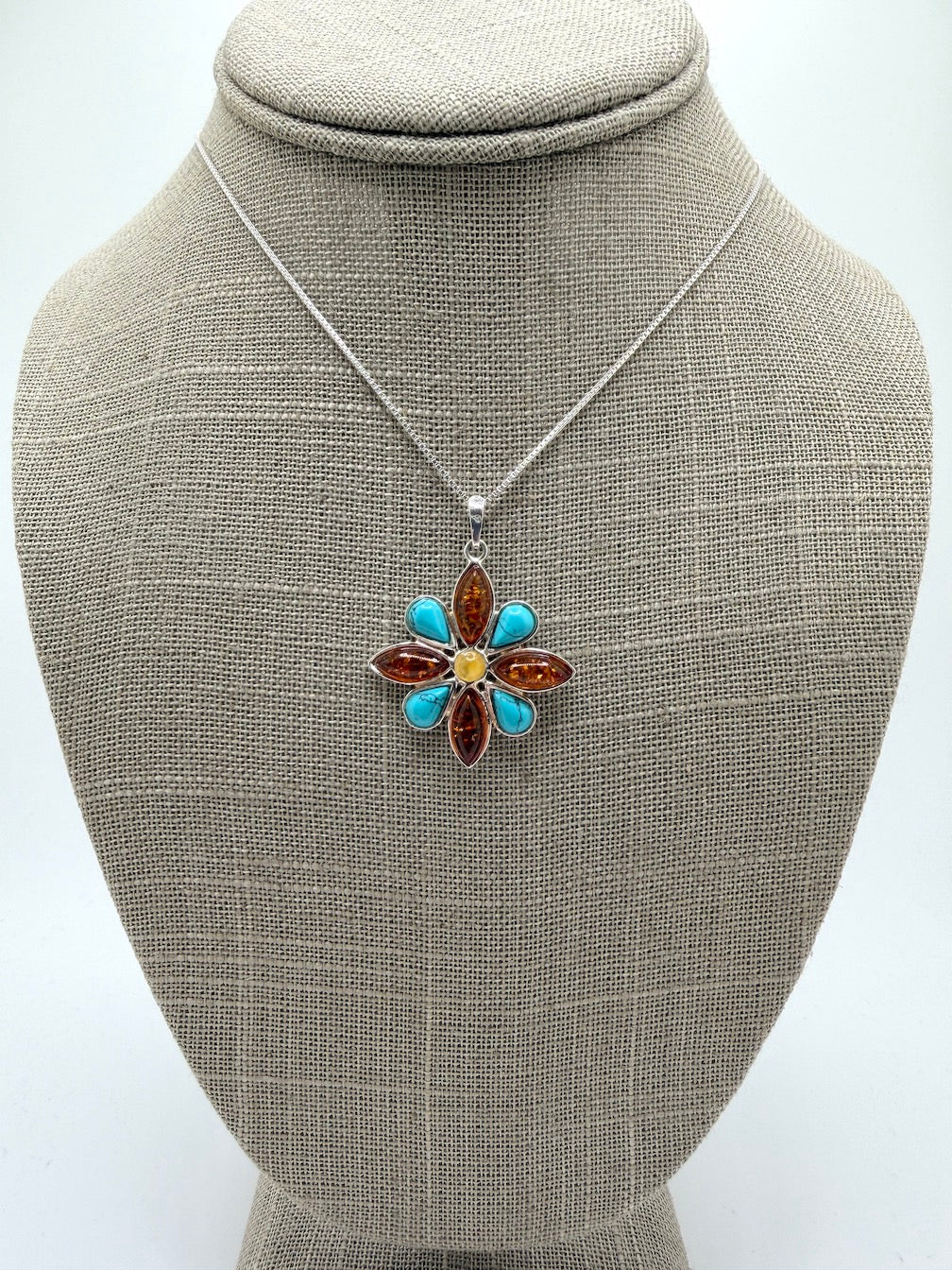 Sterling Silver, Genuine Baltic Amber & Turquoise Flower Pendant on Silver Chain