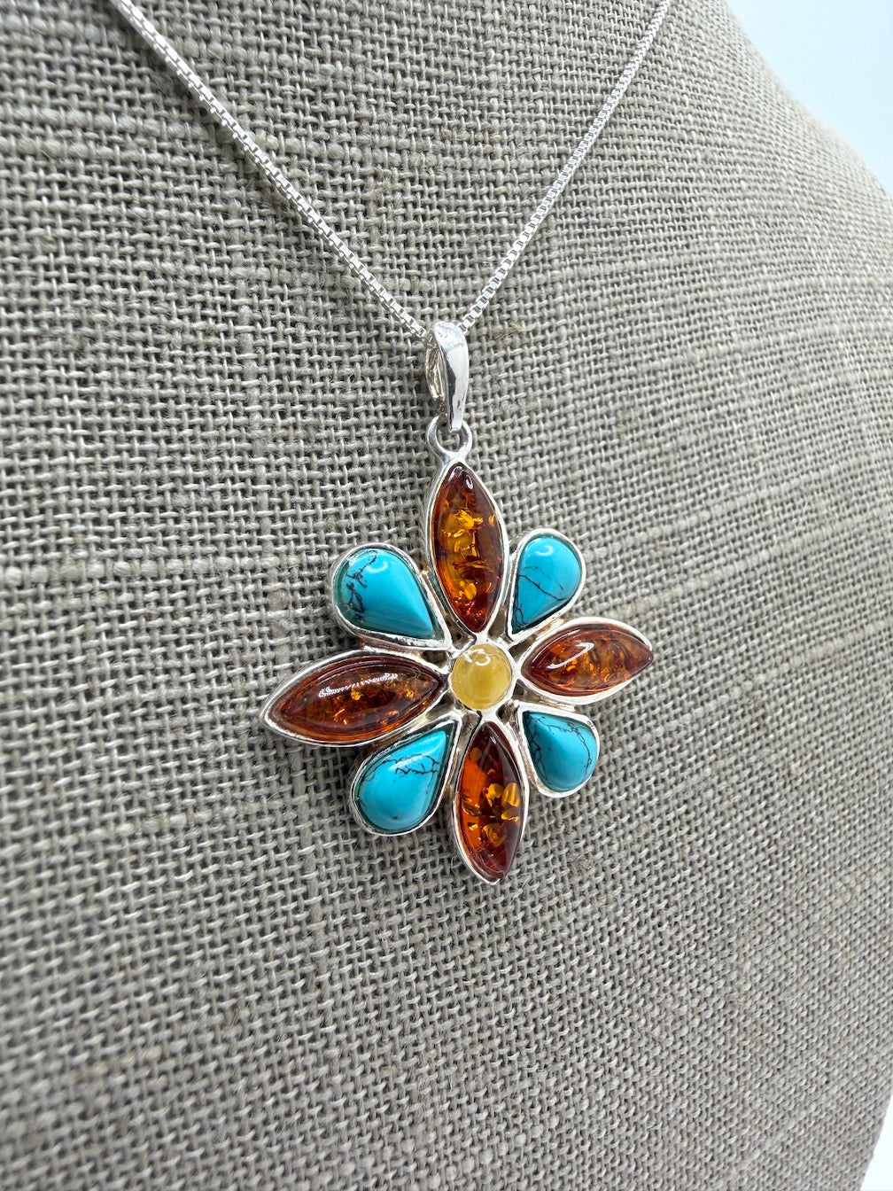 Sterling Silver, Genuine Baltic Amber & Turquoise Flower Pendant on Silver Chain