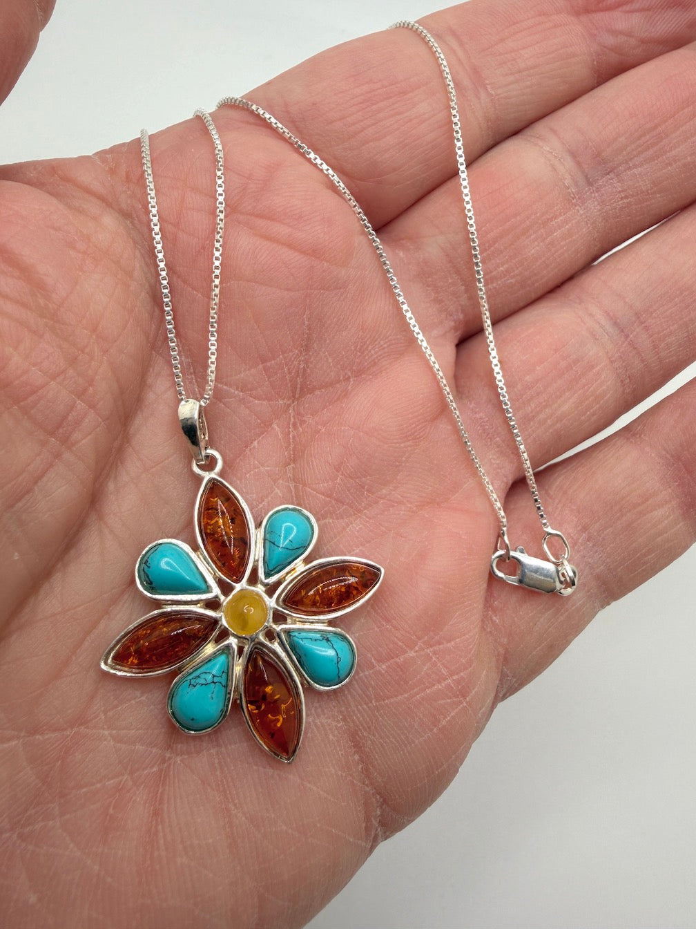 Sterling Silver, Genuine Baltic Amber & Turquoise Flower Pendant on Silver Chain