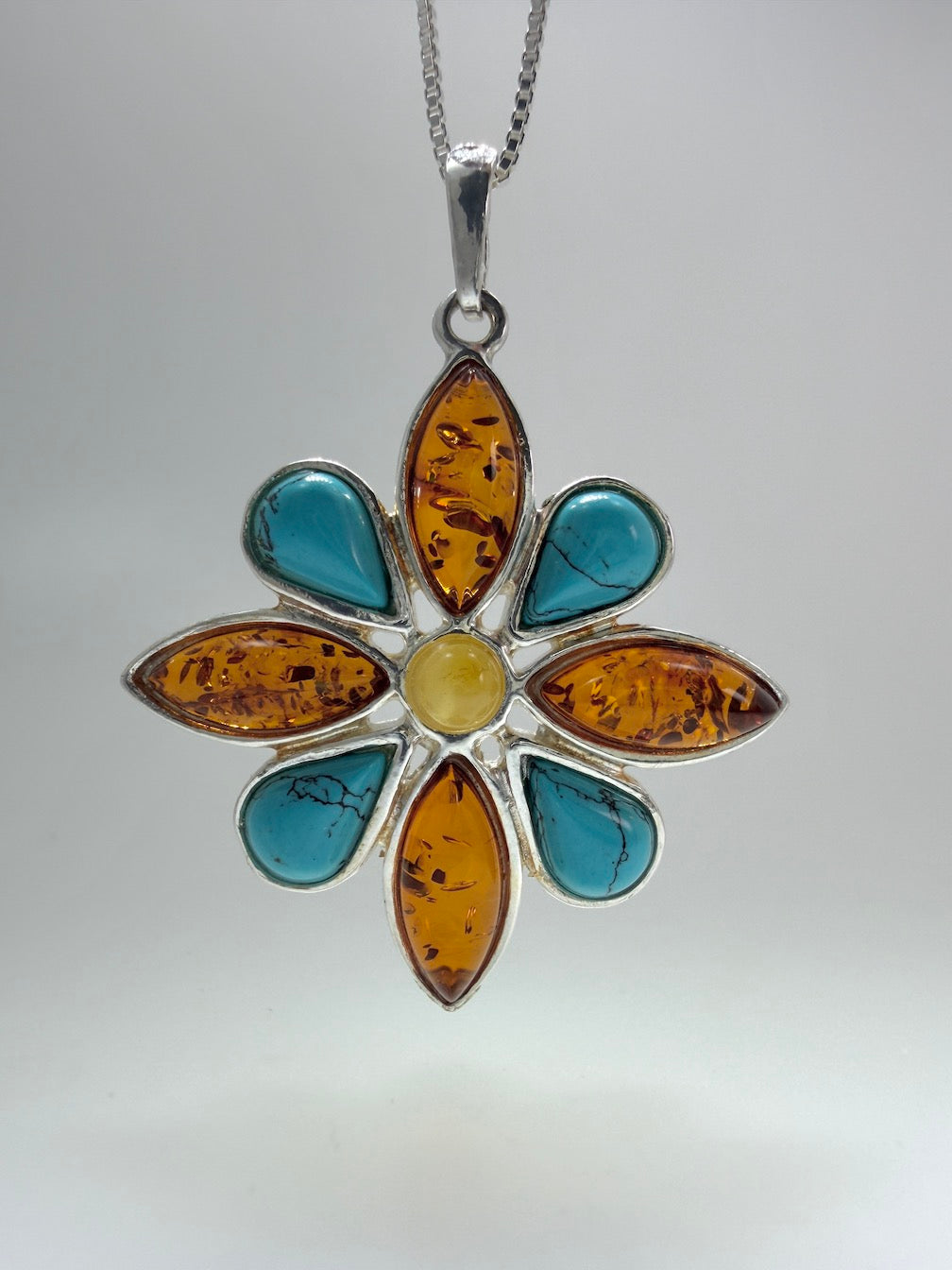 Sterling Silver, Genuine Baltic Amber & Turquoise Flower Pendant on Silver Chain