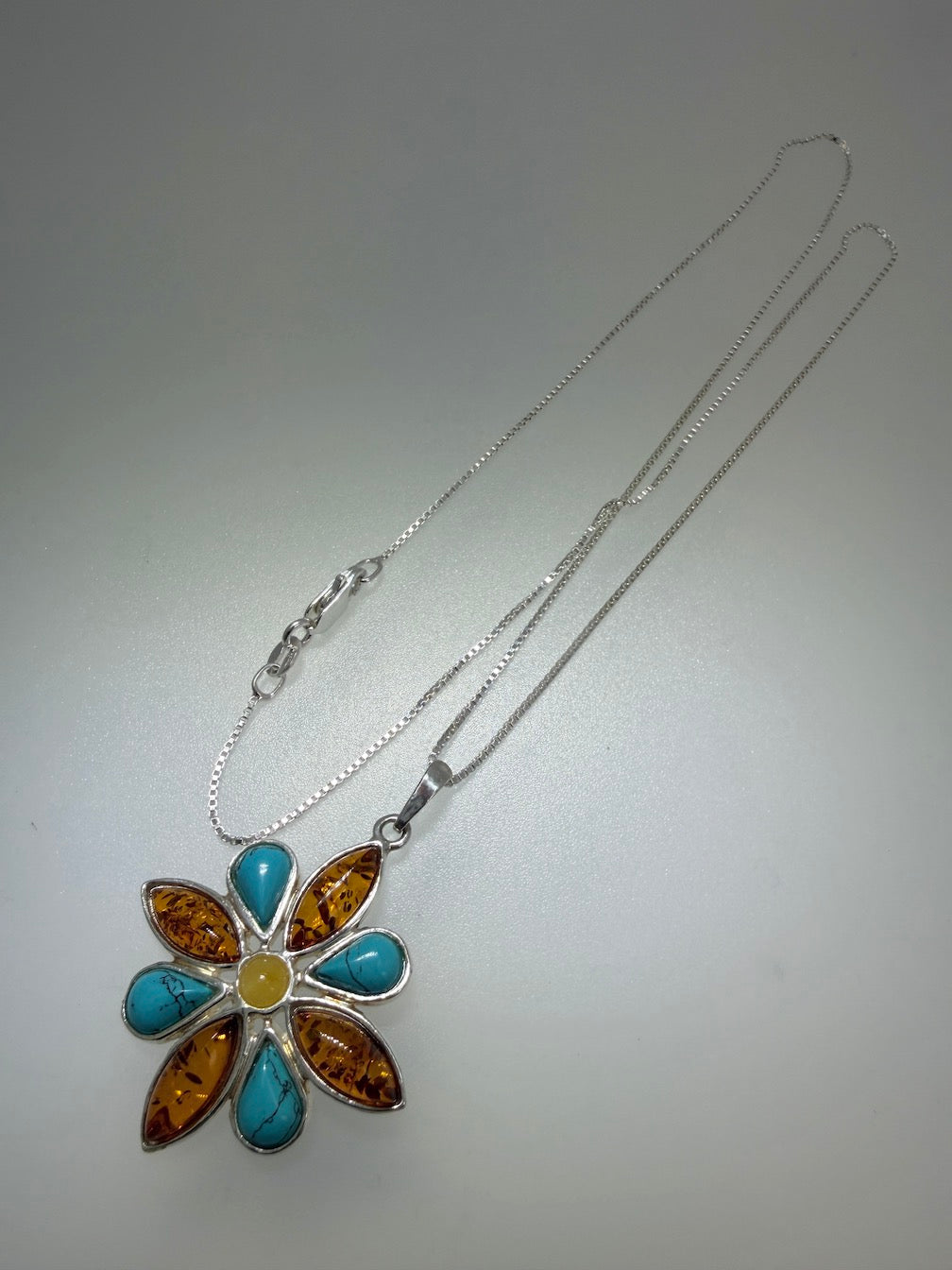 Sterling Silver, Genuine Baltic Amber & Turquoise Flower Pendant on Silver Chain