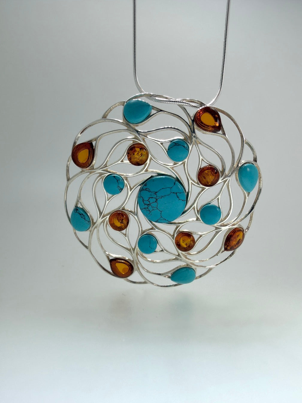 Sterling Silver, Genuine Baltic Amber & Turquoise Organic Pendant