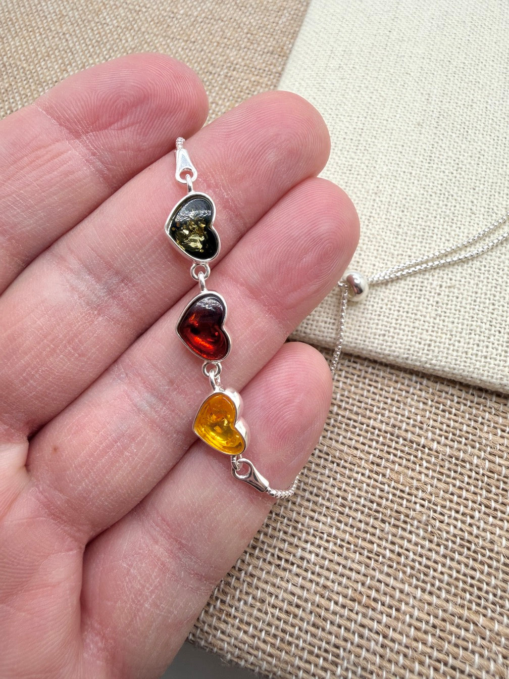 Sterling Silver & Multicolor Genuine Baltic Amber Heart Adjustable Bolo Bracelet