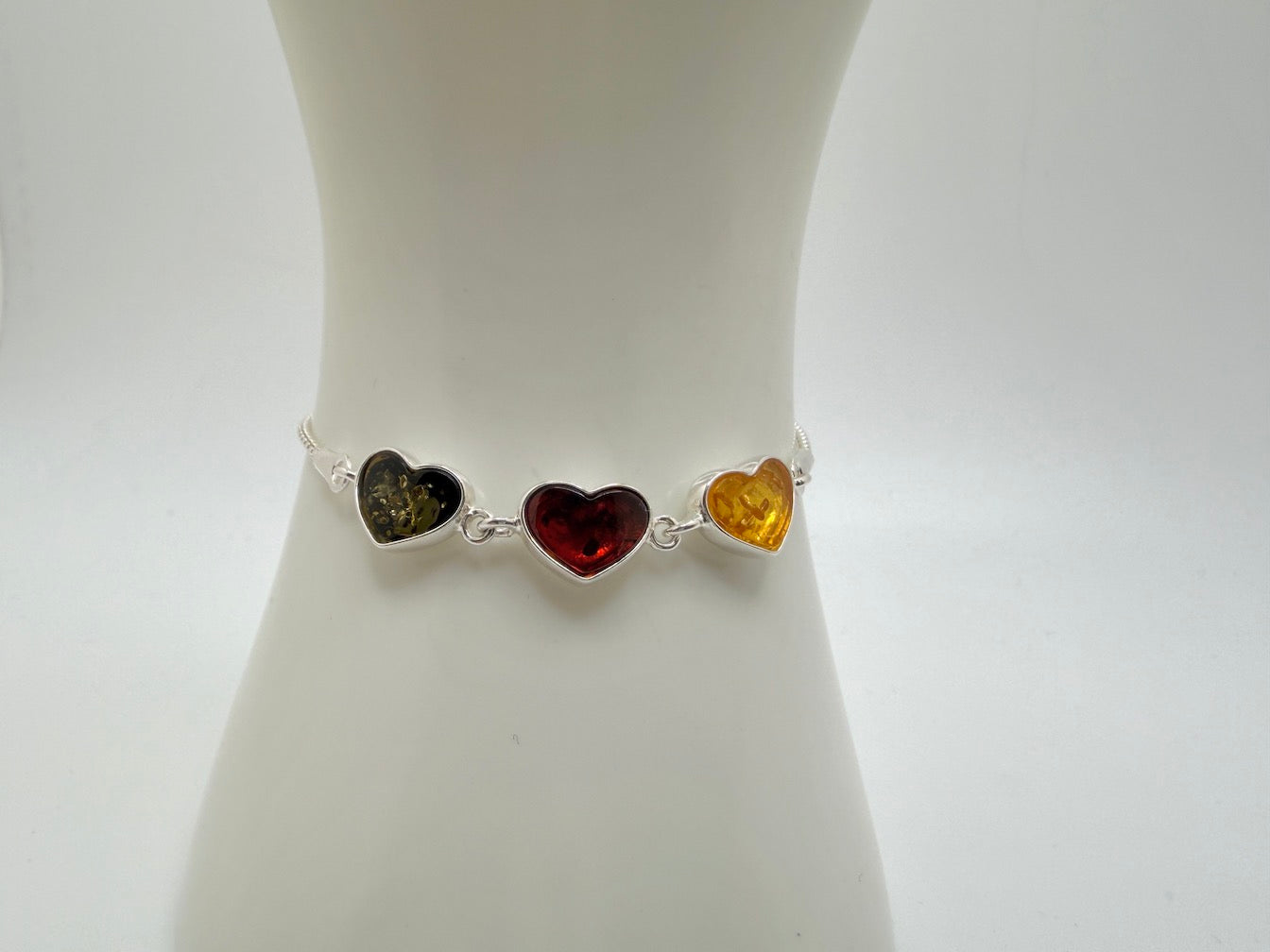 Sterling Silver & Multicolor Genuine Baltic Amber Heart Adjustable Bolo Bracelet
