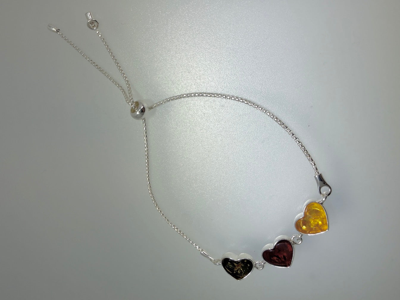 Sterling Silver & Multicolor Genuine Baltic Amber Heart Adjustable Bolo Bracelet