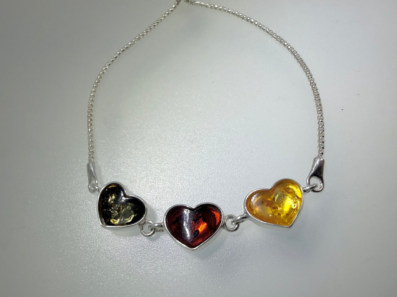Sterling Silver & Multicolor Genuine Baltic Amber Heart Adjustable Bolo Bracelet
