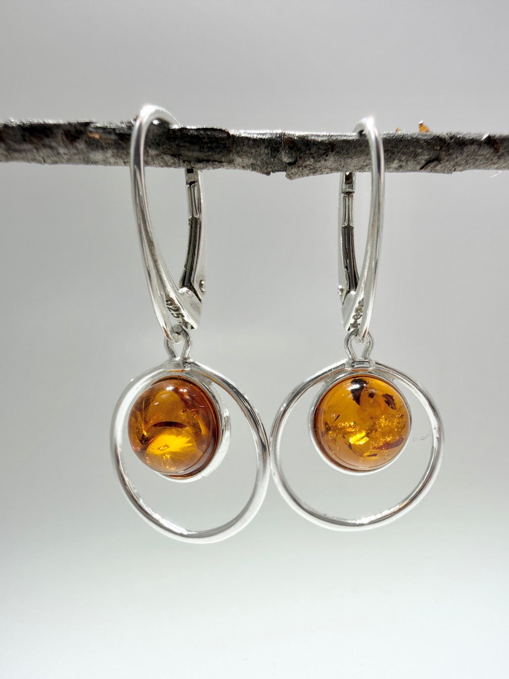Sterling Silver Baltic Amber Round Drop Lever Back Earrings – Handmade in Poland