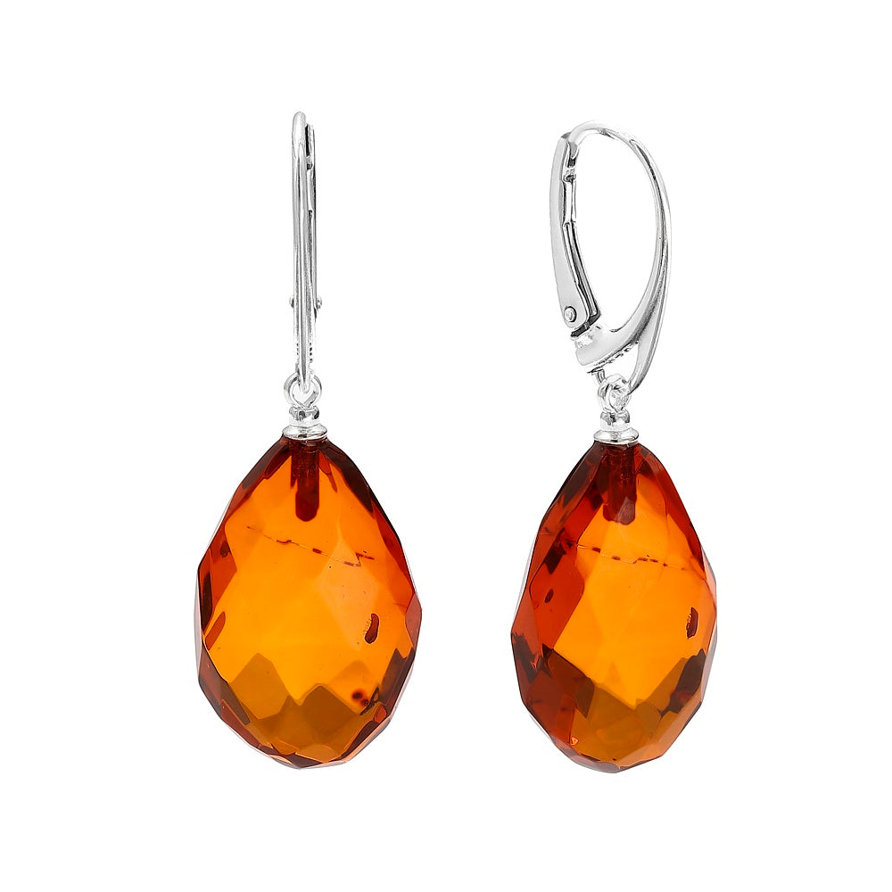 Sterling Silver Drop Leverback Earrings with Faceted Amber Teardrops – Genuine Cognac Baltic Amber