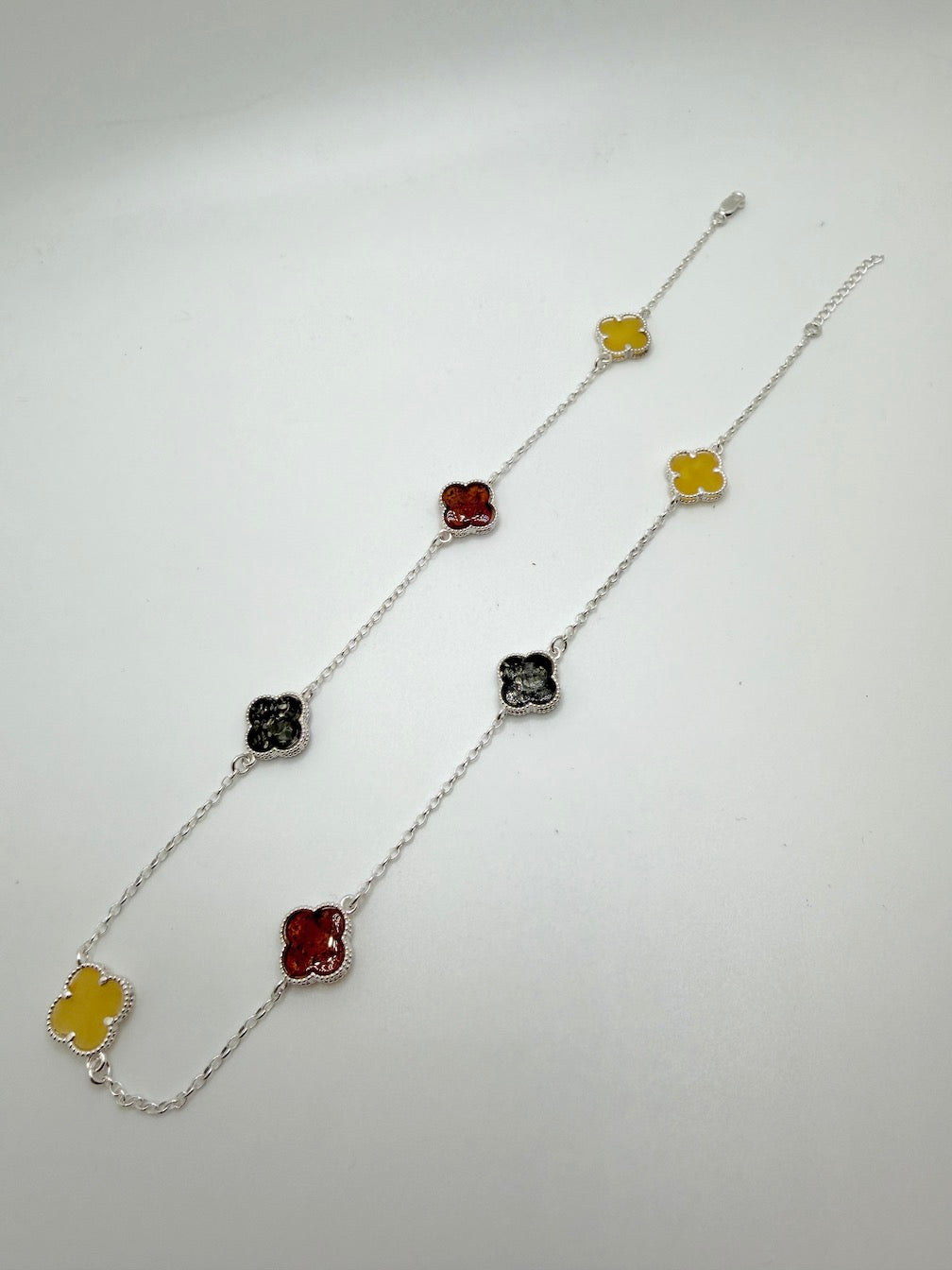 Sterling silver and multi color Baltic amber clover necklace 