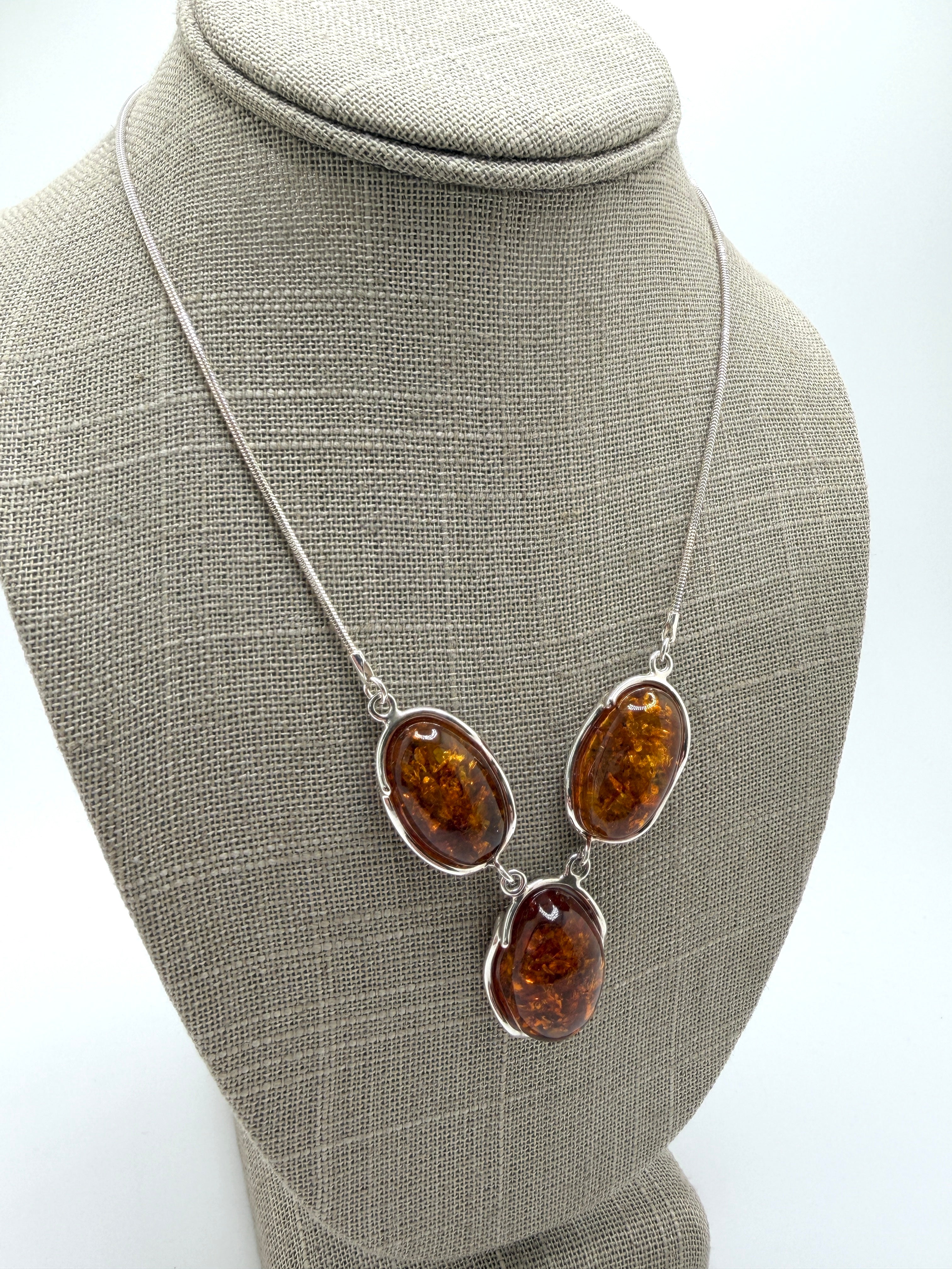 Three Stone Cognac Baltic Amber Drop Necklace – Sterling Silver Triple Oval Pendant on Thick Snake Chain – Handmade European Amber Jewelry