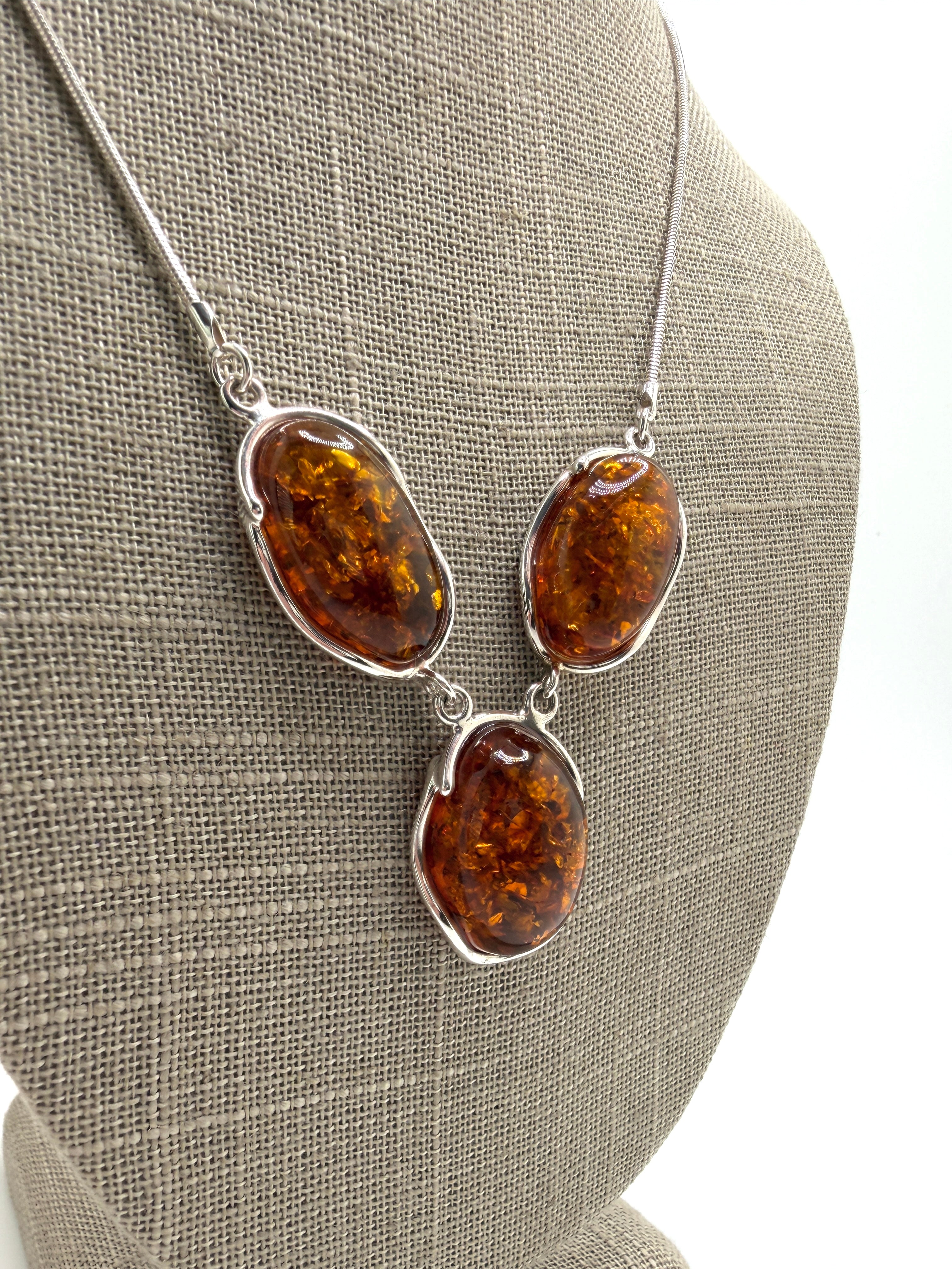 Three Stone Cognac Baltic Amber Drop Necklace – Sterling Silver Triple Oval Pendant on Thick Snake Chain – Handmade European Amber Jewelry