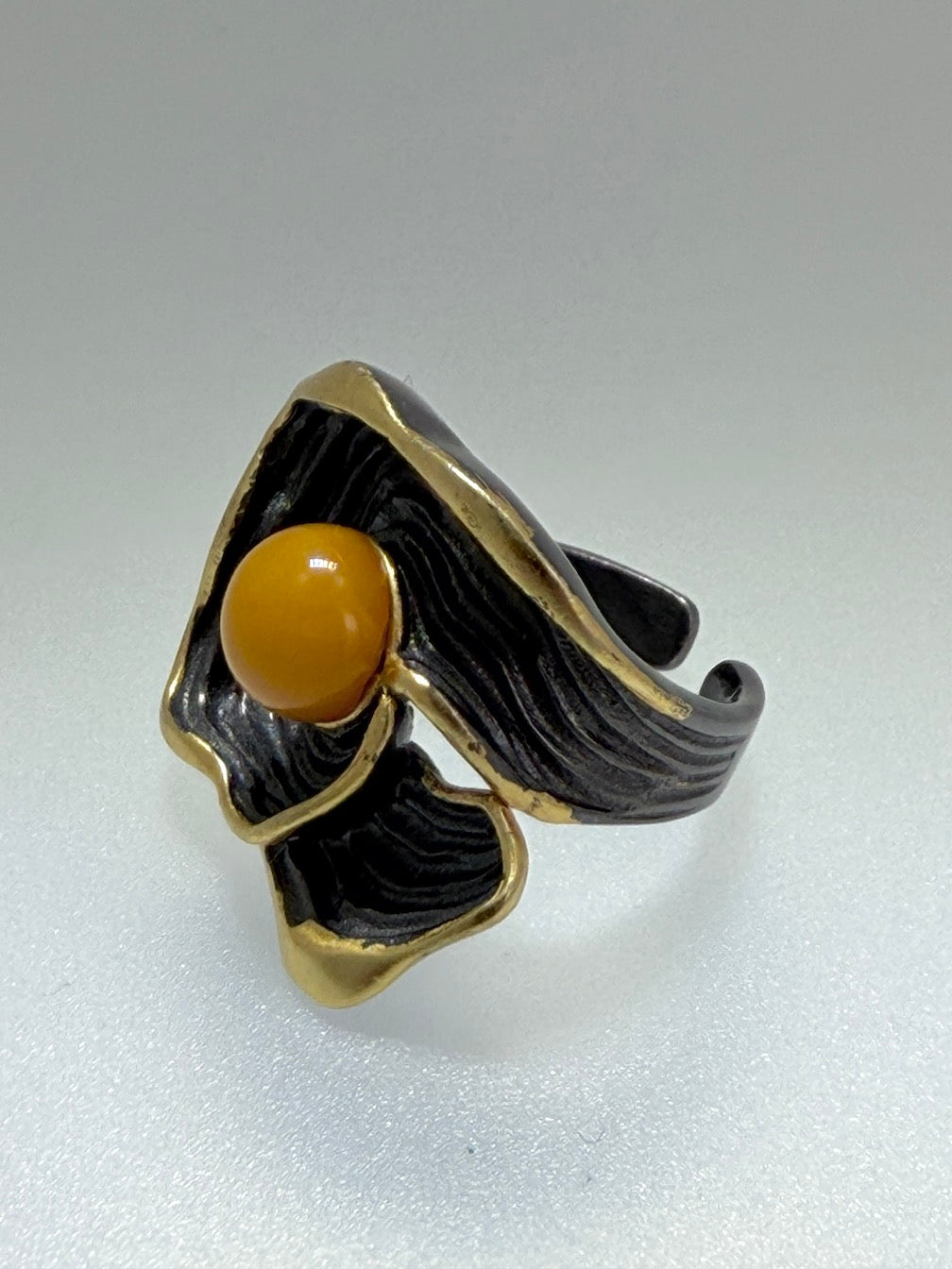 Two-Tone Sterling Silver & Butterscotch Baltic Amber Rings • Organic & Leaf Designs • Adjustable Open Shank