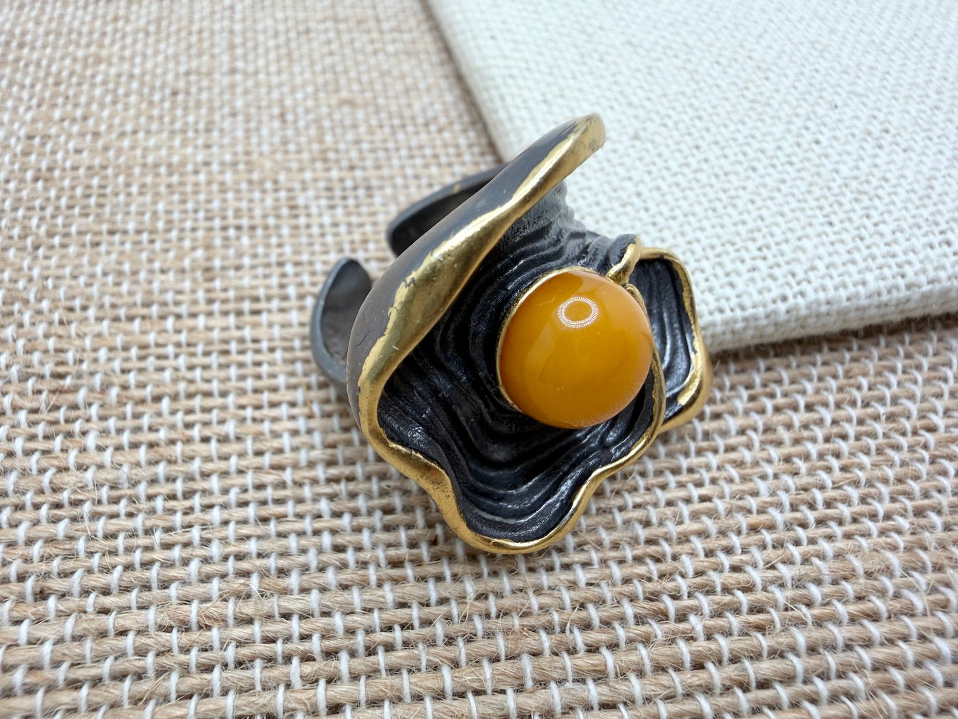 Two-Tone Sterling Silver & Butterscotch Baltic Amber Rings • Organic & Leaf Designs • Adjustable Open Shank