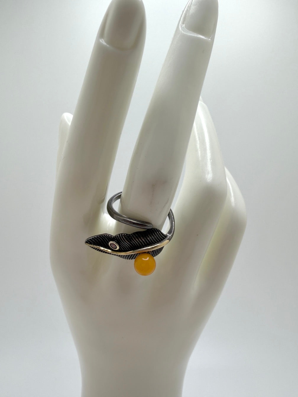 Two-Tone Sterling Silver & Butterscotch Baltic Amber Rings • Organic & Leaf Designs • Adjustable Open Shank
