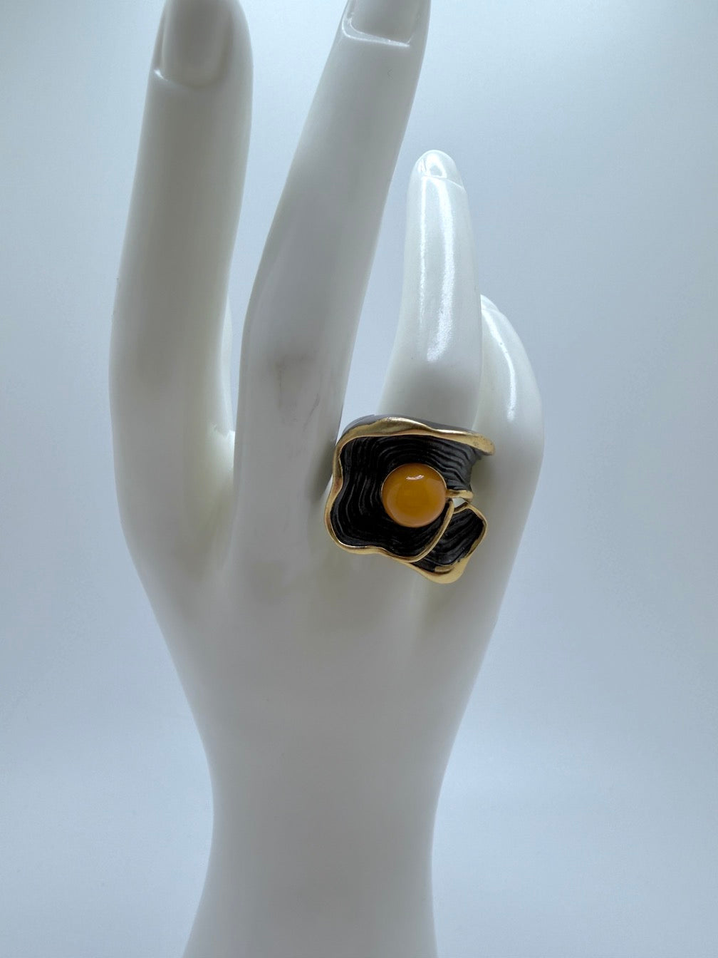 Two-Tone Sterling Silver & Butterscotch Baltic Amber Rings • Organic & Leaf Designs • Adjustable Open Shank