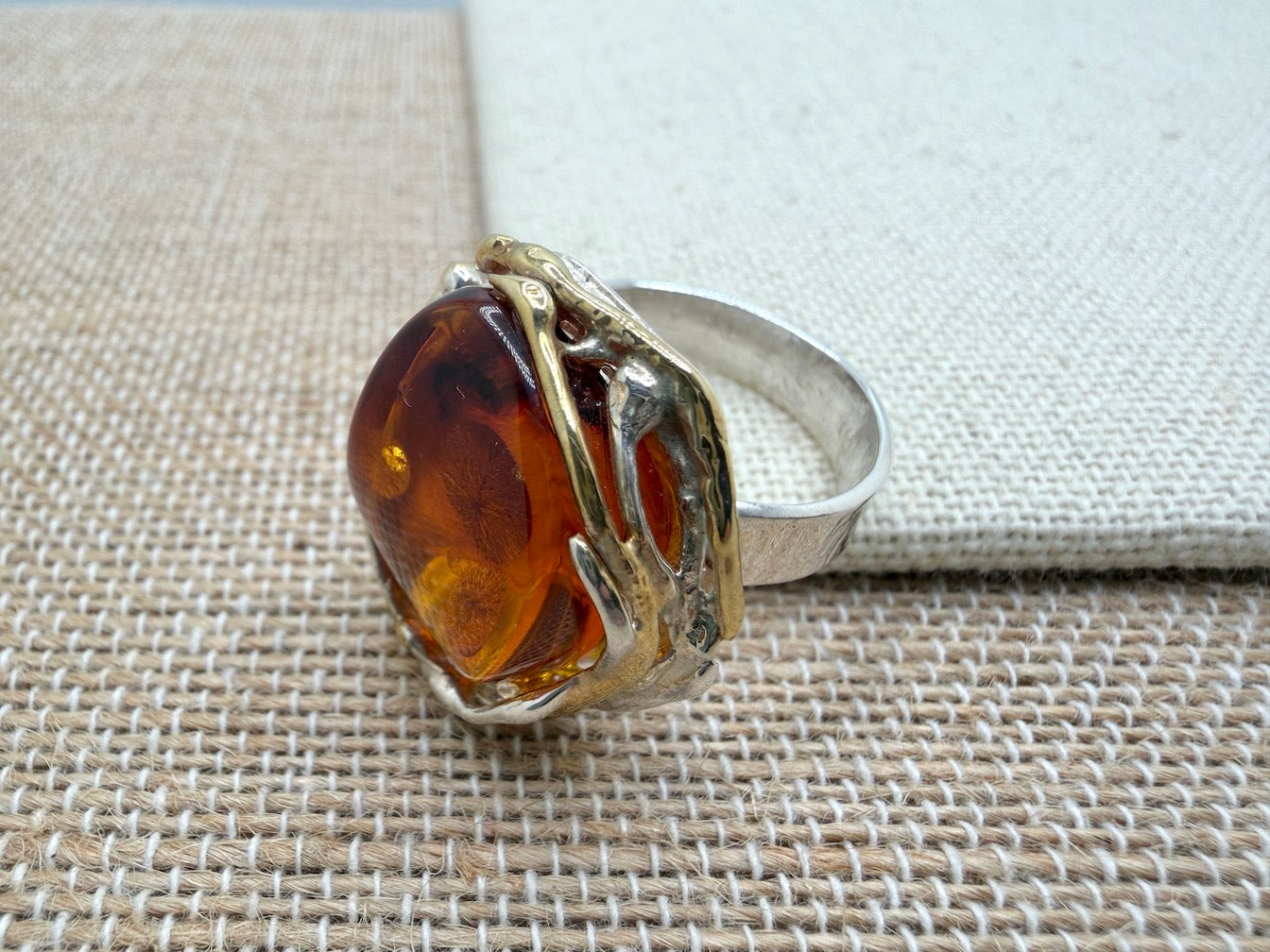 Two-Tone Sterling Silver & Genuine Baltic Amber Statement Ring