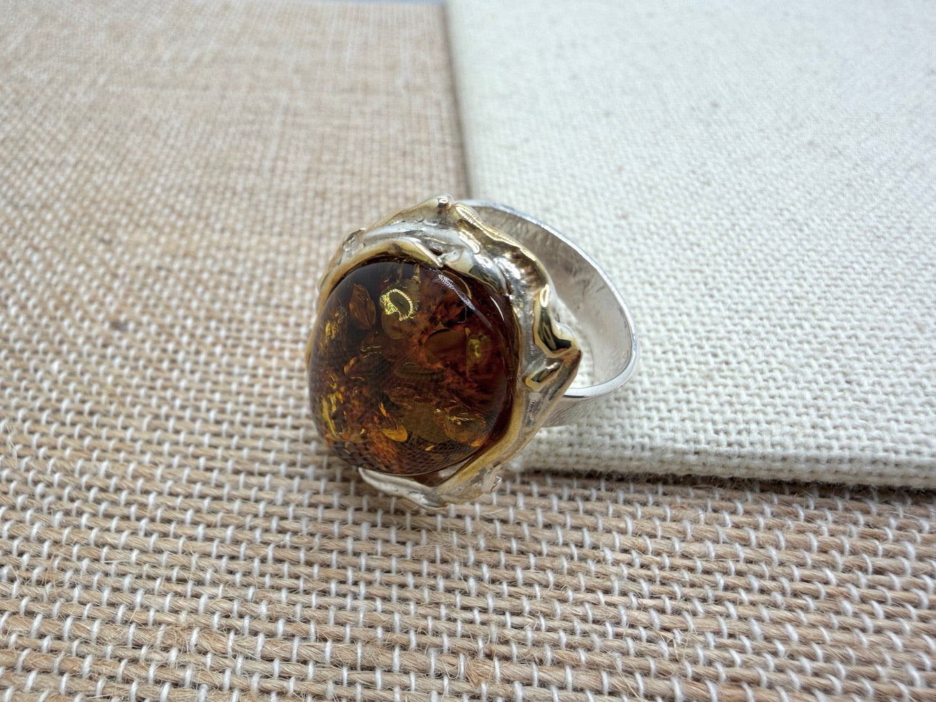 Two-Tone Sterling Silver & Genuine Baltic Amber Statement Ring