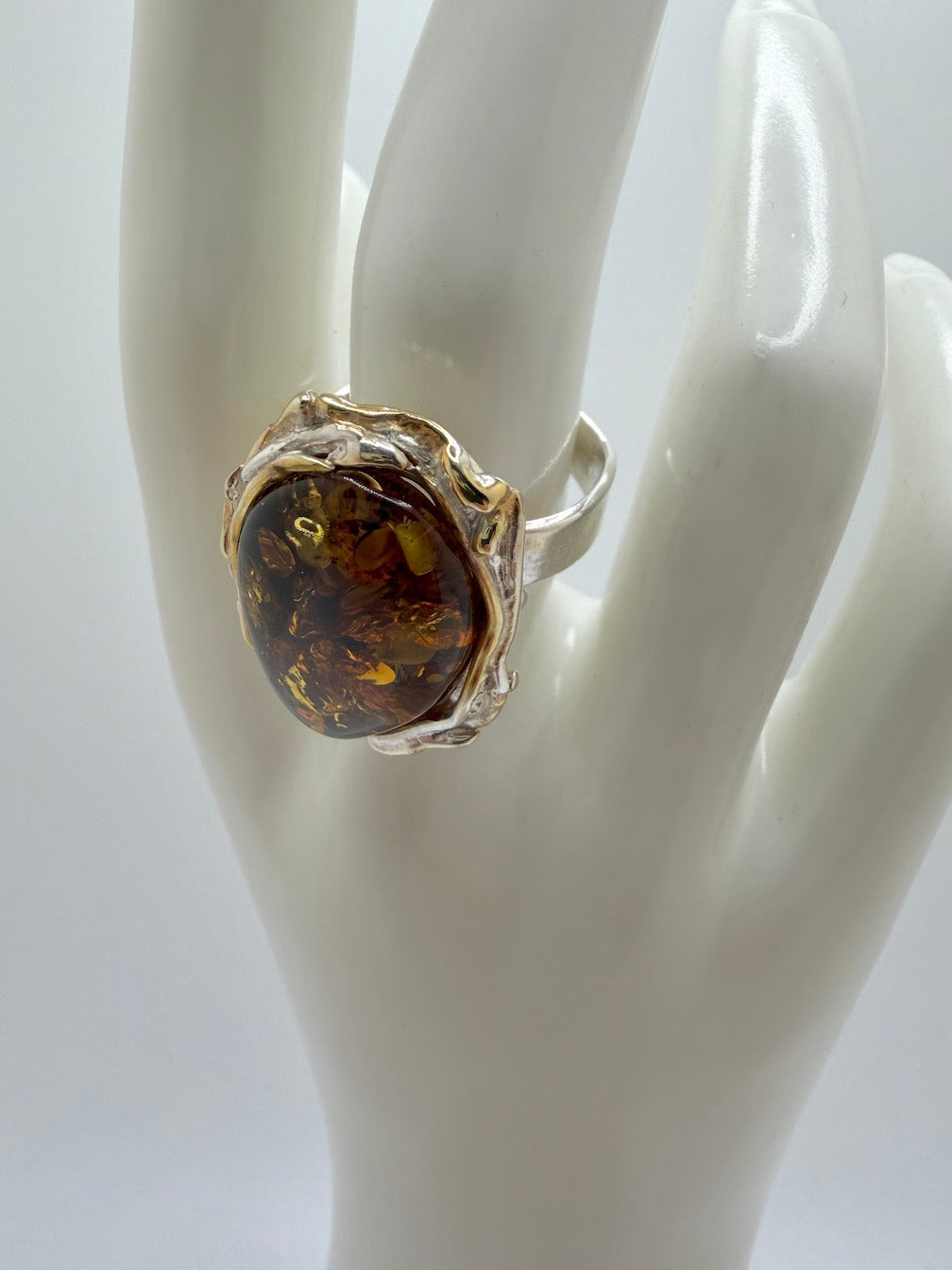 Two-Tone Sterling Silver & Genuine Baltic Amber Statement Ring