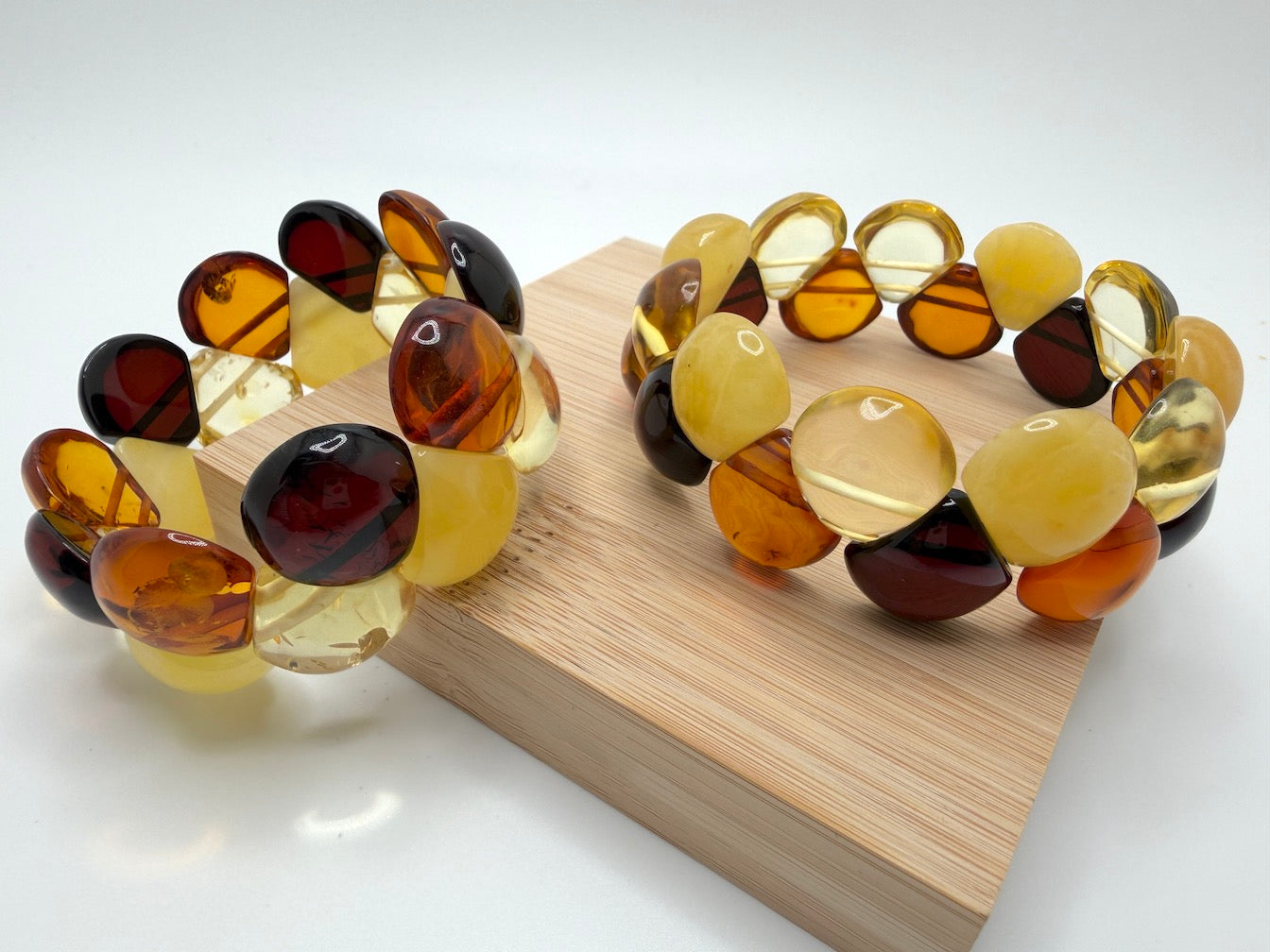 Two Row Multicolor Baltic Amber Stretch Bracelet – Perfectly Polished Teardrop Stones – Lemon, Cherry, Butterscotch & Honey