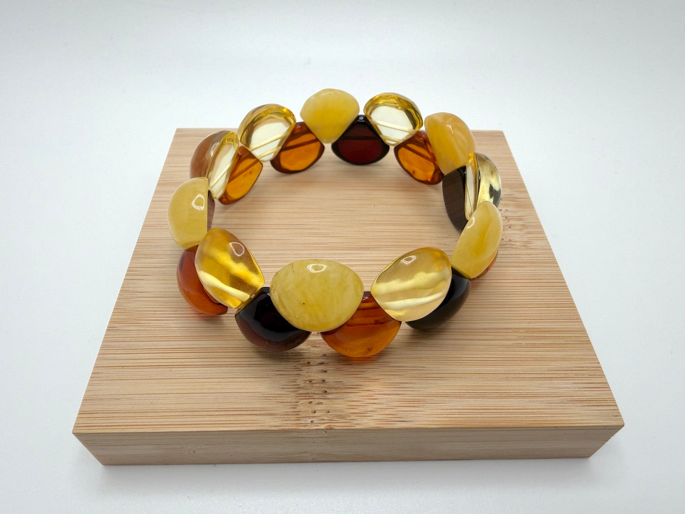 Two Row Multicolor Baltic Amber Stretch Bracelet – Perfectly Polished Teardrop Stones – Lemon, Cherry, Butterscotch & Honey