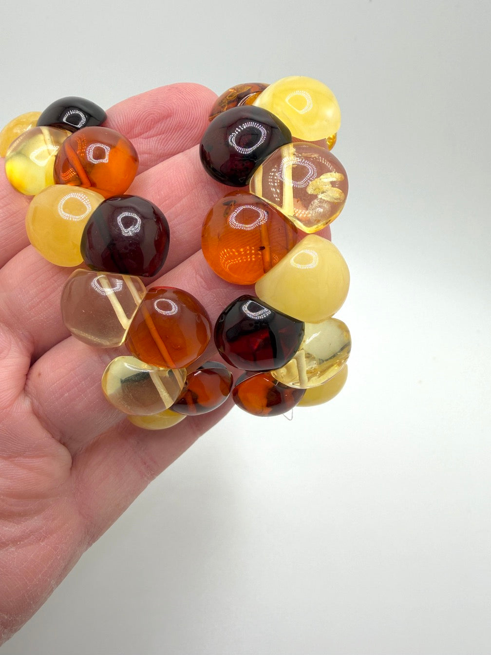 Two Row Multicolor Baltic Amber Stretch Bracelet – Perfectly Polished Teardrop Stones – Lemon, Cherry, Butterscotch & Honey