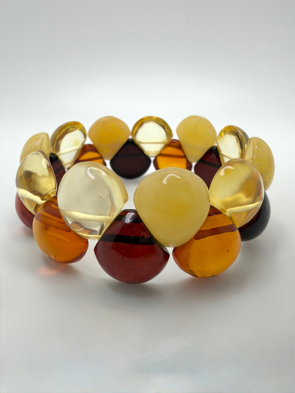 Two Row Multicolor Baltic Amber Stretch Bracelet – Perfectly Polished Teardrop Stones – Lemon, Cherry, Butterscotch & Honey