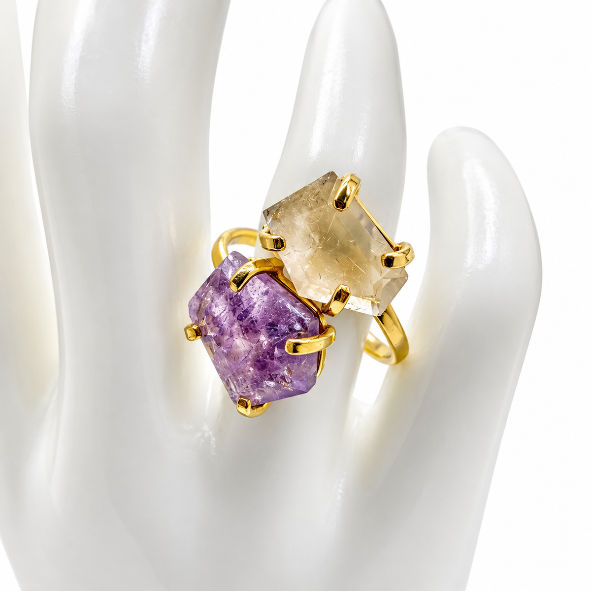Two Stone Gemstone Ring, Amethyst Citrine Druzy Rose Quartz Ring