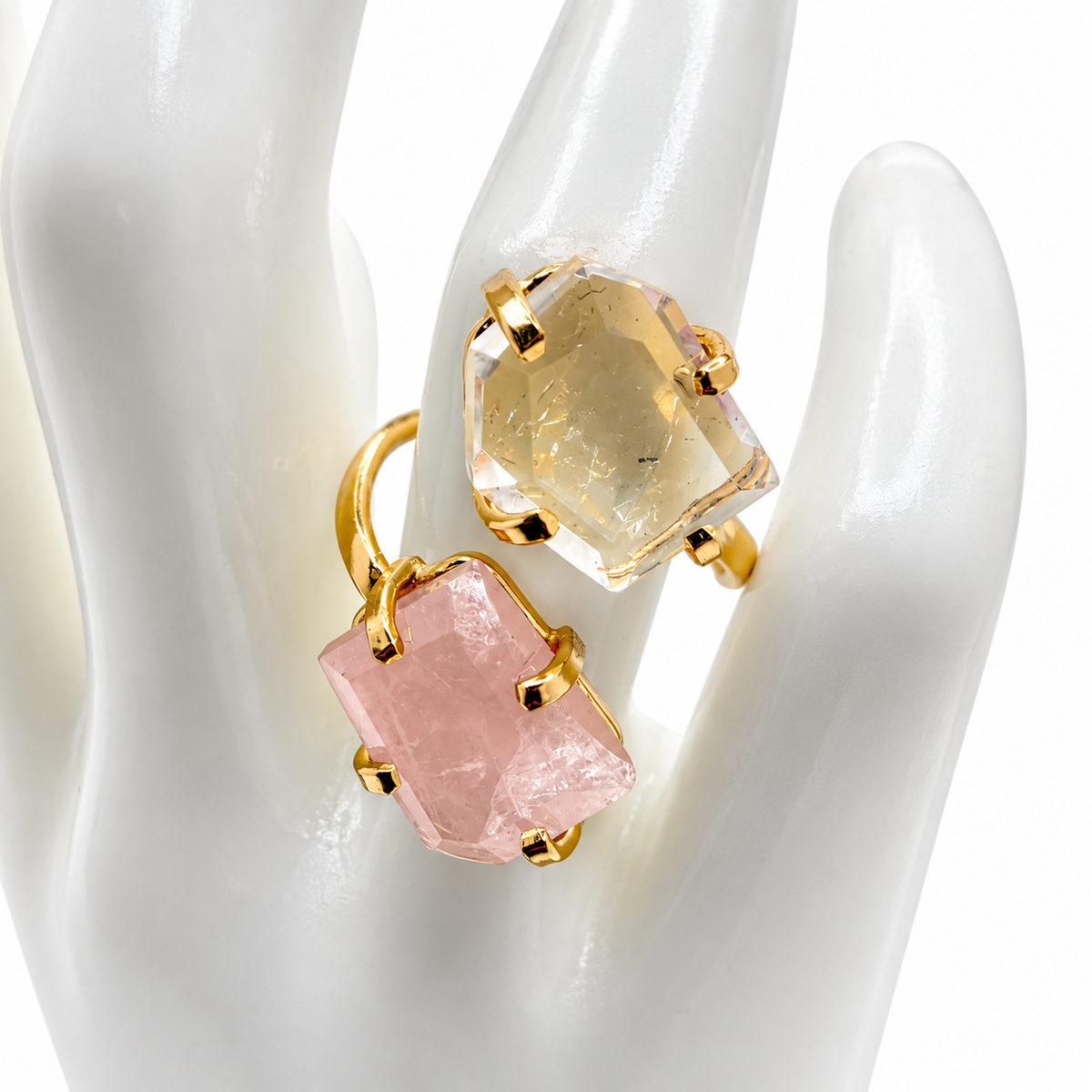 Two Stone Gemstone Ring, Amethyst Citrine Druzy Rose Quartz Ring