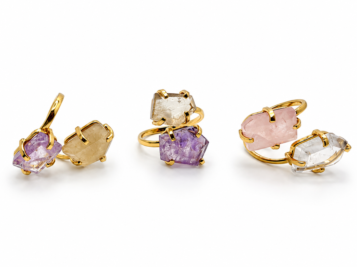 Two Stone Gemstone Ring, Amethyst Citrine Druzy Rose Quartz Ring