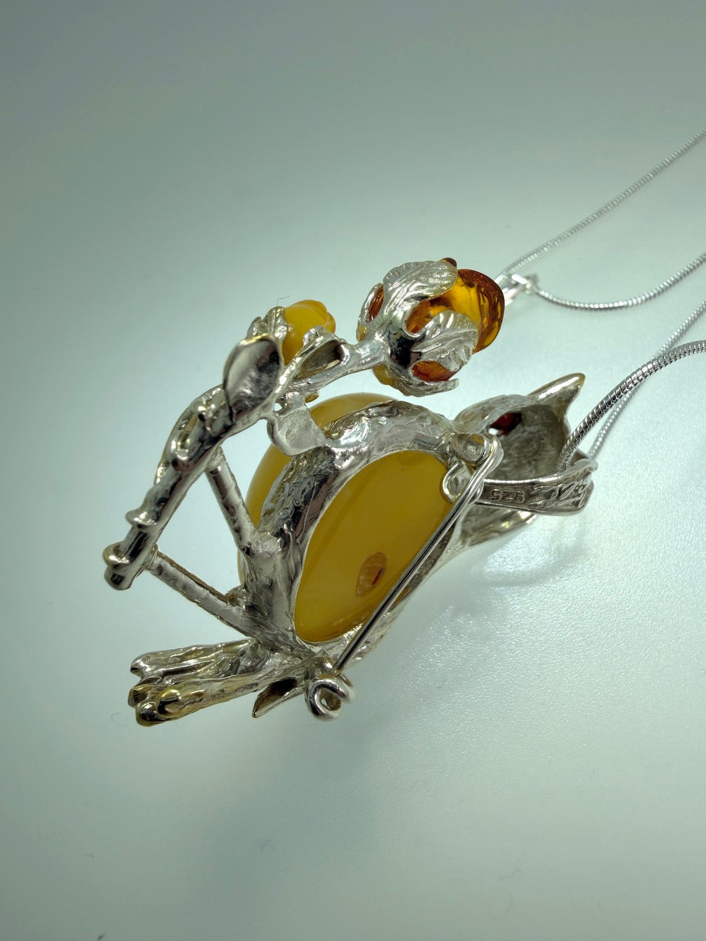Unique Baltic Amber Sterling Silver Bird Pendant or Brooch