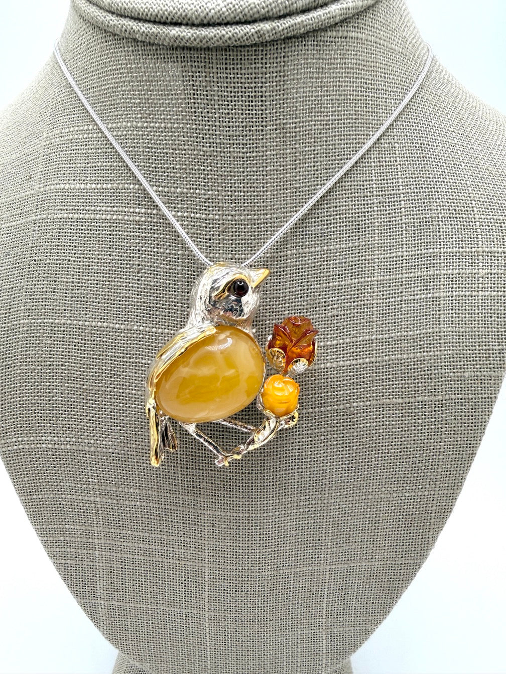 Unique Baltic Amber Sterling Silver Bird Pendant or Brooch
