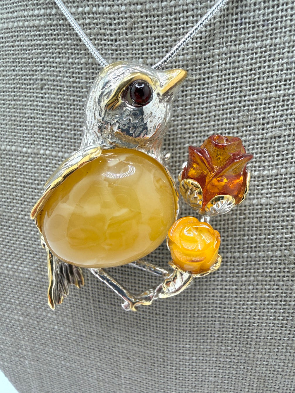 Unique Baltic Amber Sterling Silver Bird Pendant or Brooch