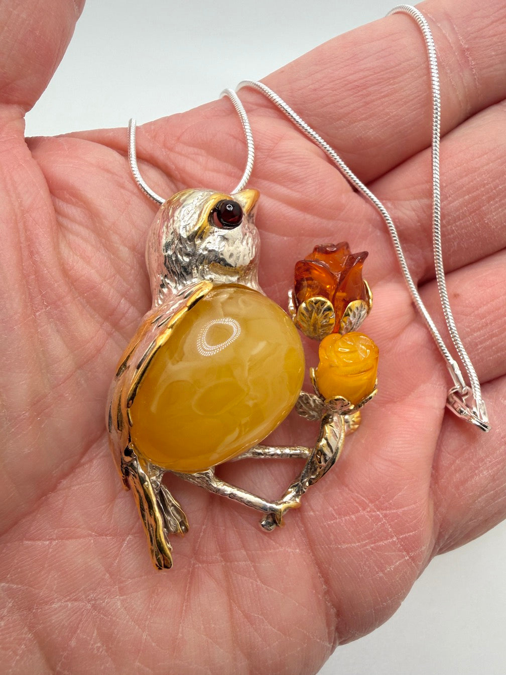 Unique Baltic Amber Sterling Silver Bird Pendant or Brooch